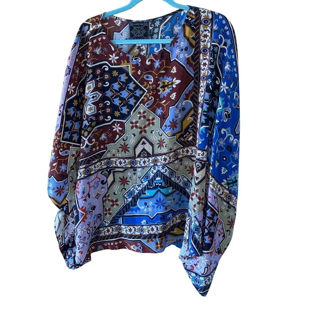 Johnny Was Womens Size L Multicolor Boho Round Kimono Sleeve Silk Caftan Blouse - Picture 3 of 11